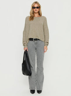 front view of model wearing Princess Polly Magic Mirror Mid Rise Bootleg Jeans Washed Grey Mid Rise Jeans 