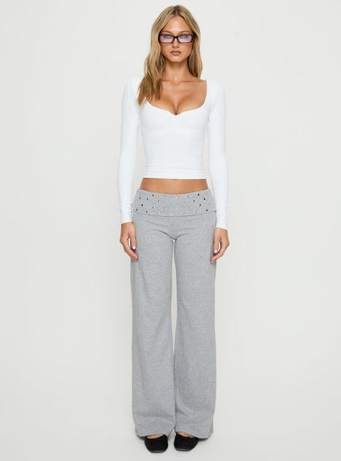 side view of model wearing Princess Polly Nevivi Foldover Studded Pants Grey Marle Mid Rise Pants 