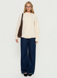 back view of model wearing Princess Polly Rorey Cable Knit Crew Neck Sweater White Longline Jumpers 