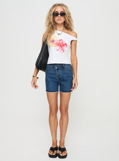 front view of model wearing Princess Polly Xena Denim Shorts Mid Blue Wash High Waisted Shorts 