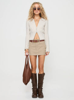 front view of model wearing Princess Polly Jeller Zip Front Knit Sweater Beige Cropped 