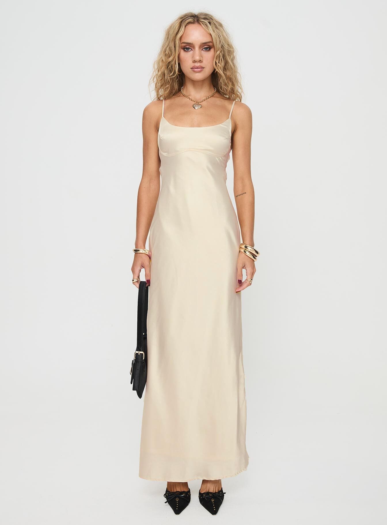 front view of model wearing Princess Polly Ravia Maxi Dress Champagne Square Neck 