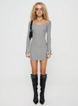 side view of model wearing Princess Polly Tomas Long Sleeve Mini Dress Grey Square Neck 