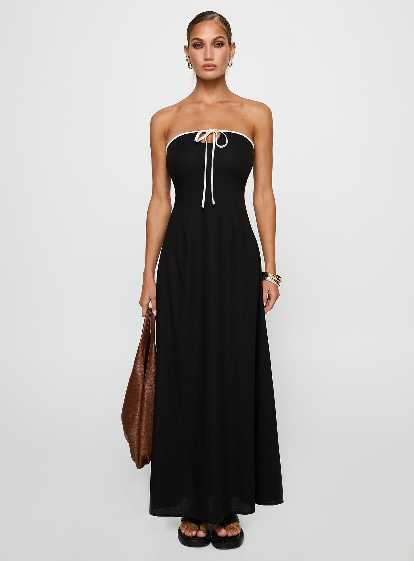 front view of model wearing Princess Polly Bijou Strapless Maxi Dress Black Straight Neck 