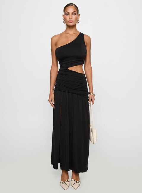 front view of model wearing Princess Polly Magnetize Ruched Maxi Dress Black Asymmetric Neckline 