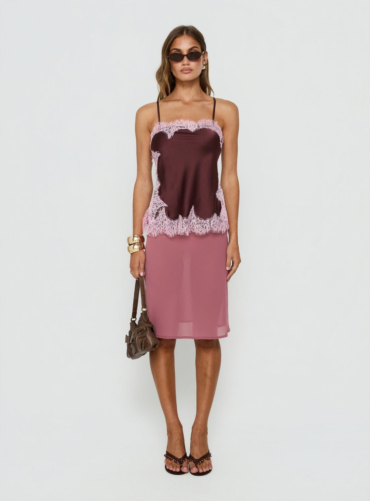 Orisse Camisole mit Spitzenbesatz Pflaume / Rosa