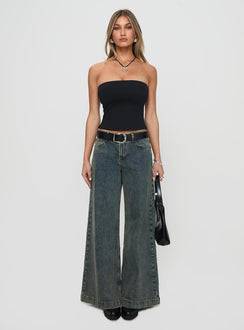 side view of model wearing Princess Polly Aurorah Strapless Top Black Sleeveless straight 