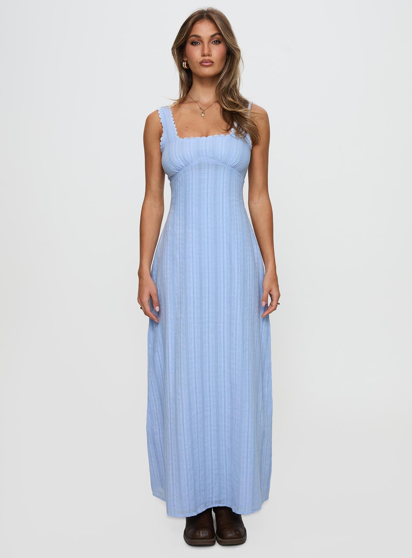 front view of model wearing Princess Polly Dasha Maxi Dress Blue Square Neck 