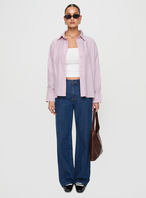 front view of model wearing Princess Polly Wild Promise Top Pink Stripe Full Sleeves V-Neck 