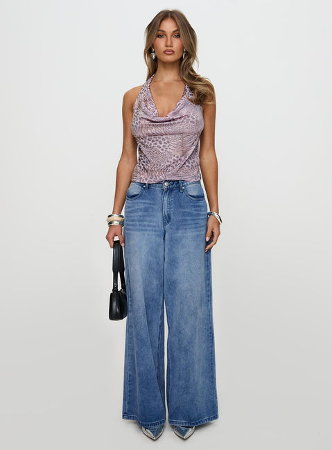 side view of model wearing Princess Polly So Feminine Halter Plunge Neck Top Multi Sleeveless Cowl 