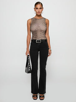 side view of model wearing Princess Polly Warm Honey Top Leopard Sleeveless Crew Neck 