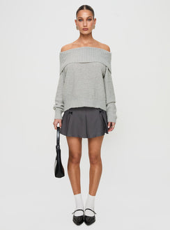 side view of model wearing Princess Polly Parkley Boucle Off The Shoulder Sweater Grey Marle 