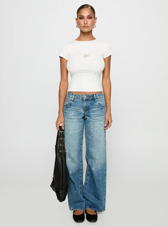 side view of model wearing Princess Polly We Could Go Lace Detail Top White Short Sleeves Crew Neck 