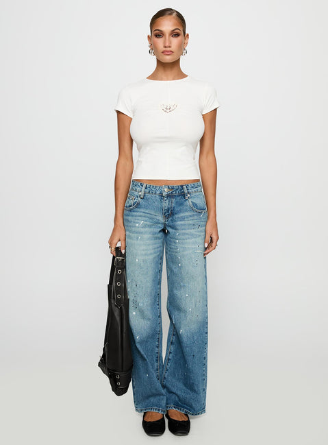 side view of model wearing Princess Polly We Could Go Lace Detail Top White Short Sleeves Crew Neck 