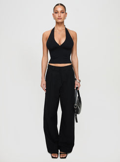 front view of model wearing Princess Polly Whimsy Halter Top Black Sleeveless Plunger 