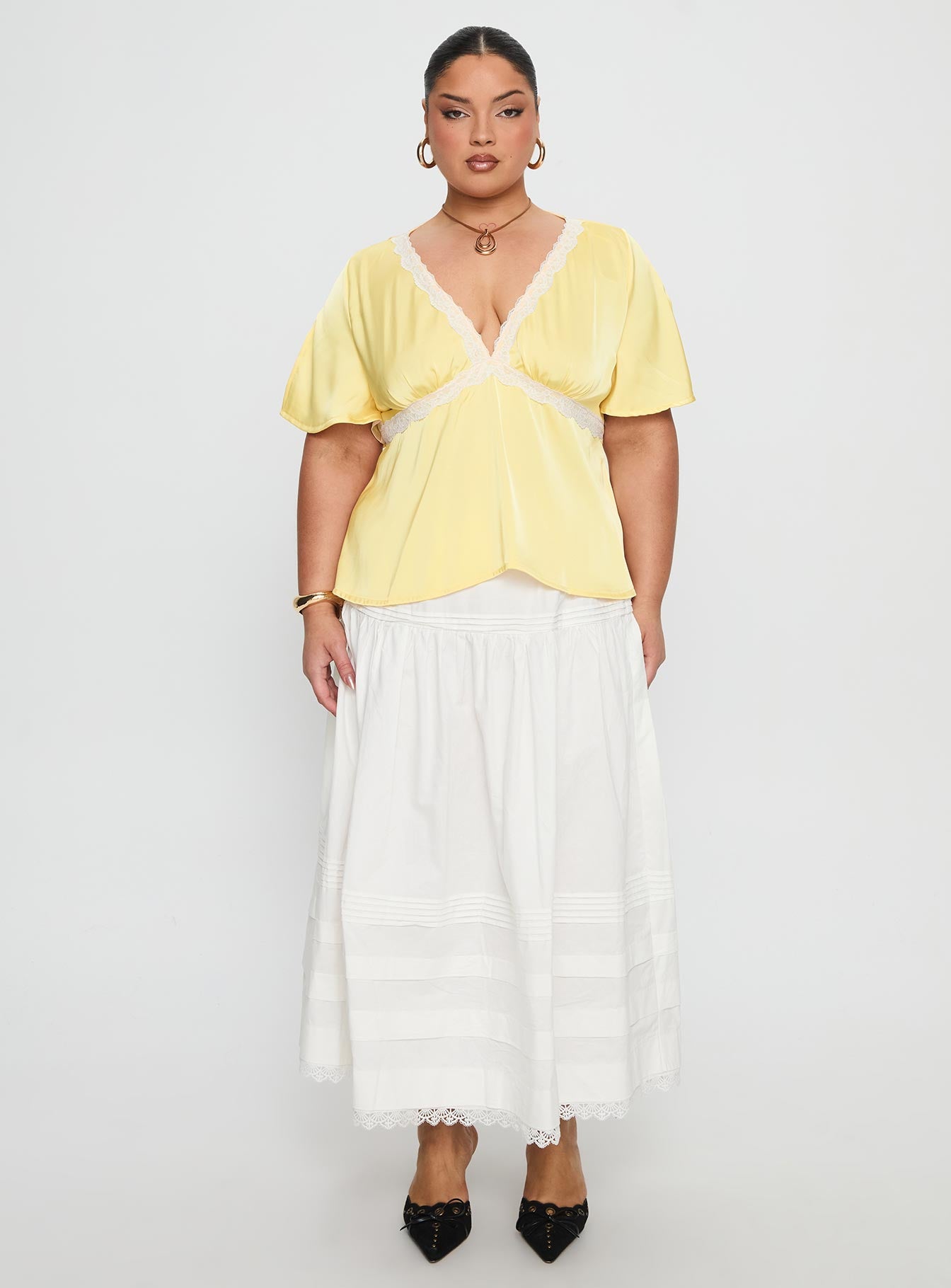 For The Summer Lace Trim Top Yellow Curve
