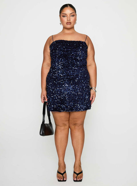 front view of model wearing Princess Polly Layney Sequin Mini Dress Navy Curve Square Neck 