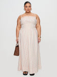 front view of model wearing Princess Polly Persephone Shirring Linen Maxi Dress Pink Stripe Curve Square Neck 