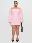 front view of model wearing Princess Polly Bombshell Long Sleeve Mini Dress Pink Curve Square Neck 