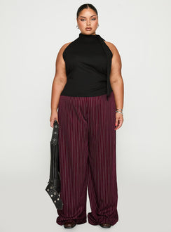 front view of model wearing Princess Polly Lorenne Mid Rise Pant Burgundy Pinstripe Curve 
