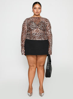 front view of model wearing Princess Polly Believe Me Long Sleeve Top Leopard Curve Full Sleeves Boat Neck 