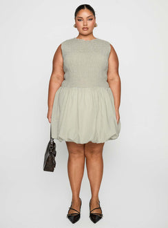 front view of model wearing Princess Polly Narnie Mini Dress Sage Curve Crew Neck 