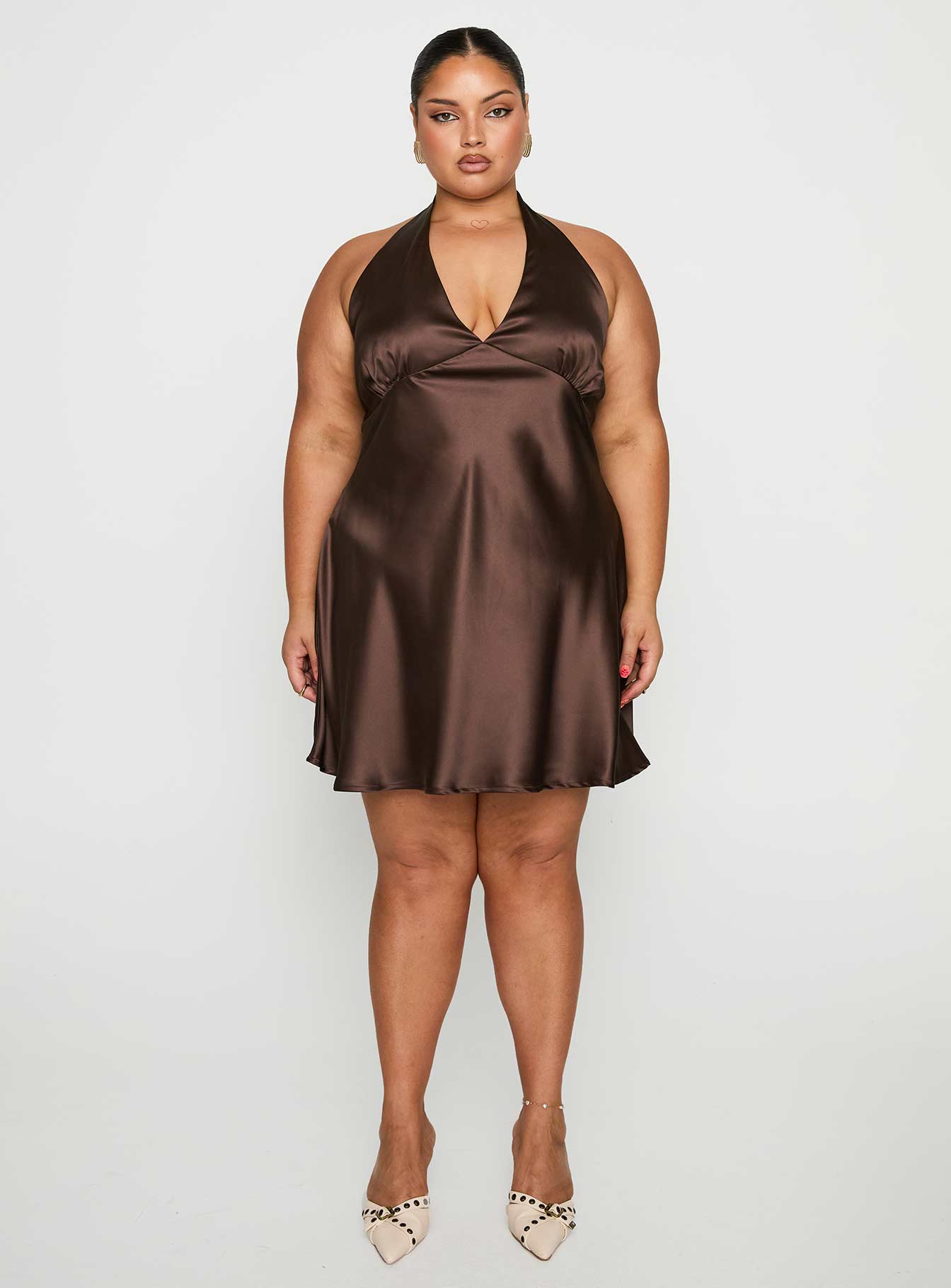side view of model wearing Princess Polly Pelagia Halter Scarf Tie Mini Dress Brown Curve Plunger 