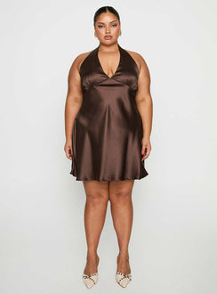 side view of model wearing Princess Polly Pelagia Halter Scarf Tie Mini Dress Brown Curve Plunger 