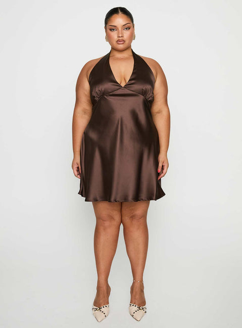 side view of model wearing Princess Polly Pelagia Halter Scarf Tie Mini Dress Brown Curve Plunger 