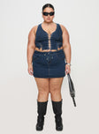 front view of model wearing Princess Polly Edenette Top Mid Blue Wash Curve Sleeveless Plunger 