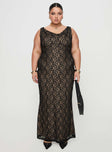 front view of model wearing Princess Polly Romani Lace Maxi Dress Black Curve Cowl Neck 