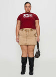   front view of model wearing Princess Polly Velveta Low Rise Denim Skirt Camel Curve Mini Skirts 