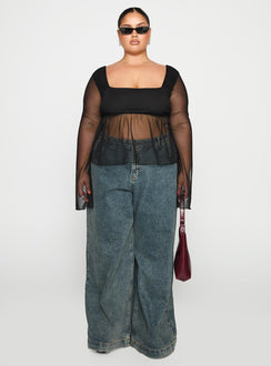 front view of model wearing Princess Polly Fiorello Long Sleeve Top Black Curve Full Sleeves Square Neck 