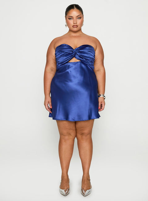 side view of model wearing Princess Polly Shellie Mini Dress Blue Curve Sweetheart Neckline 