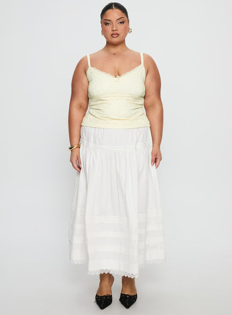   front view of model wearing Princess Polly Calling For You Flowy Maxi Skirt White Curve Maxi Skirts 