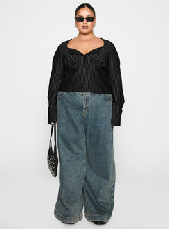 side view of model wearing Princess Polly Set For Life Foldover Detail Long Sleeve Top Black / White Pinstripe Curve Full Sleeves Sweetheart 