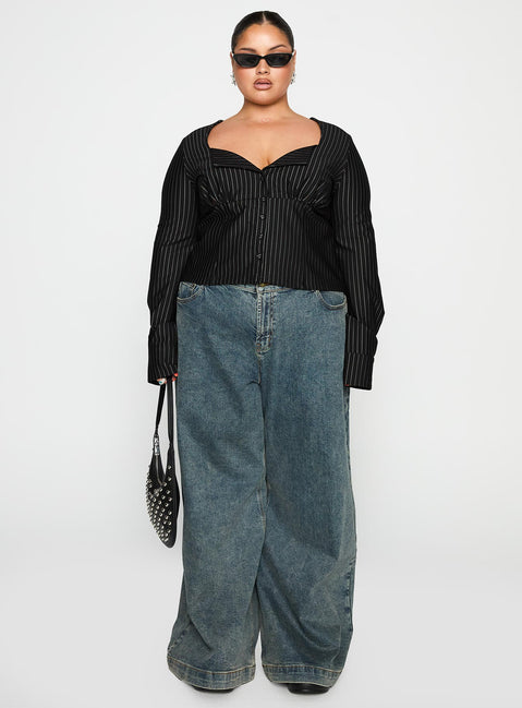 side view of model wearing Princess Polly Set For Life Foldover Detail Long Sleeve Top Black / White Pinstripe Curve Full Sleeves Sweetheart 