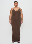 back view of model wearing Princess Polly Laurette Maxi Dress Brown Curve Plunger 