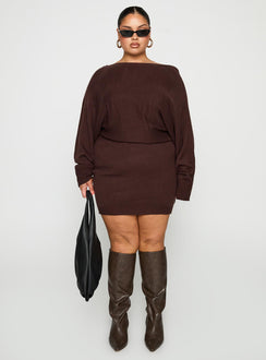 side view of model wearing Princess Polly Bellamie Long Sleeve Mini Dress Chocolate Curve Boat Neck 