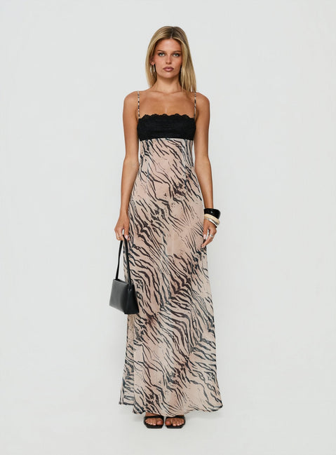 Kirstena Chiffon Lace Maxi Dress Animal Splice