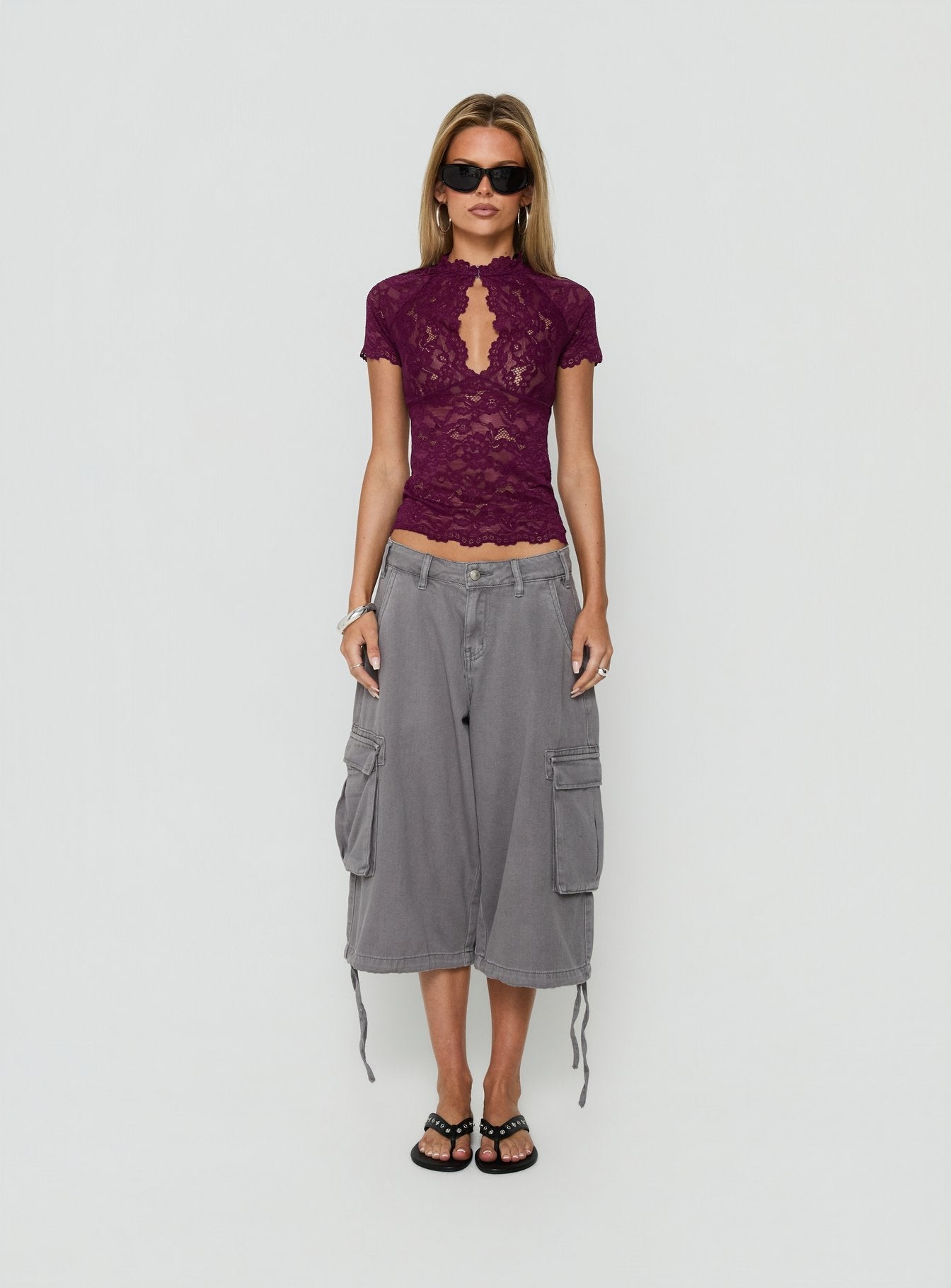 Quinbie Lace Short Sleeve Top Plum