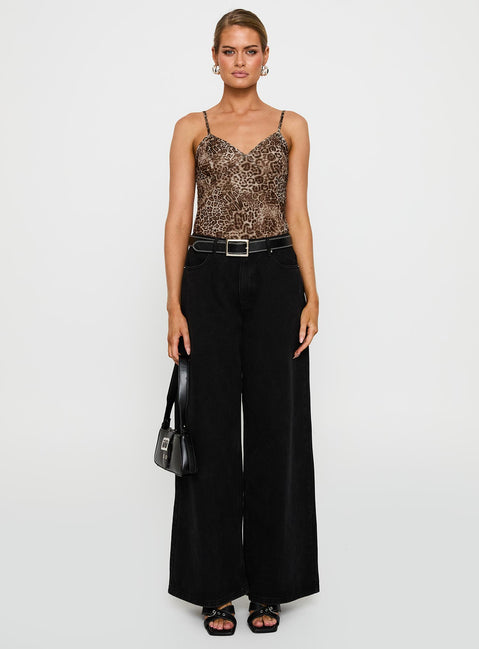 front view of model wearing Princess Polly Elixia Bodysuit Leopard Sleeveless 