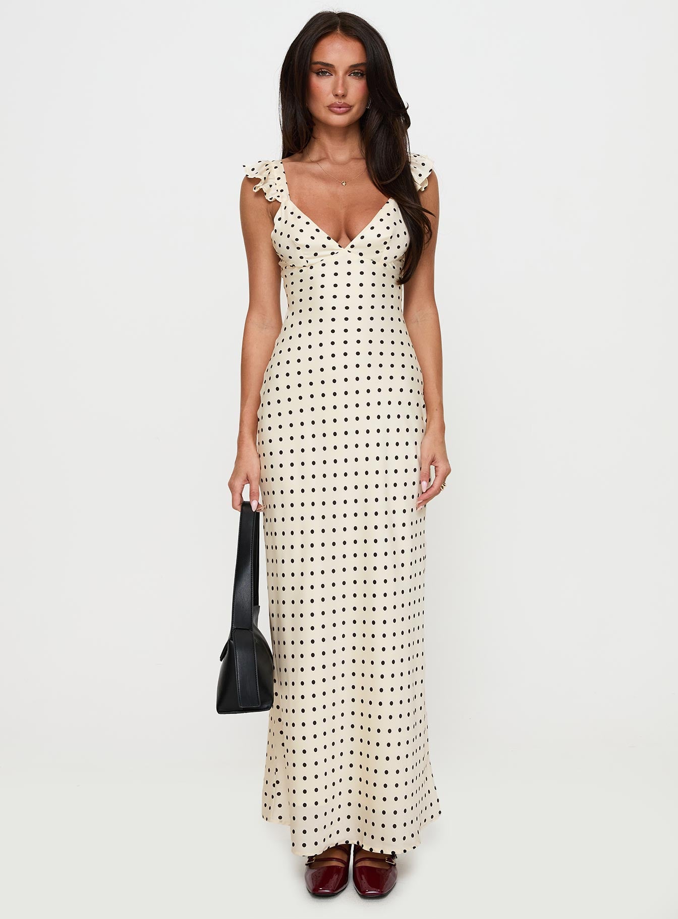 front view of model wearing Princess Polly Odeliah Polka Maxi Dress Cream Plunger 