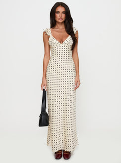 front view of model wearing Princess Polly Odeliah Polka Maxi Dress Cream Plunger 