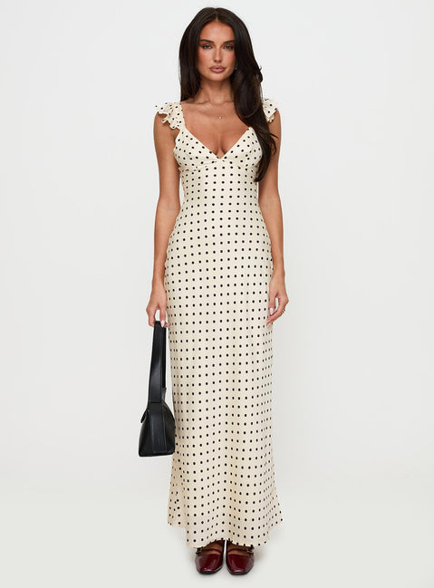 front view of model wearing Princess Polly Odeliah Polka Maxi Dress Cream Plunger 