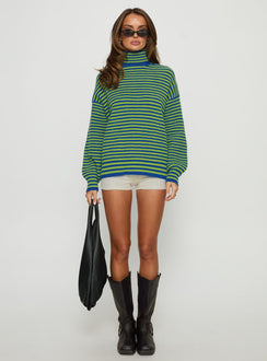 side view of model wearing Princess Polly Lancelot Turtle Neck Oversized Jumper Green Stripe Longline Jumpers 