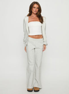 back view of model wearing Princess Polly Summits Flared Track Pants Grey Marle Mid Rise Pants 