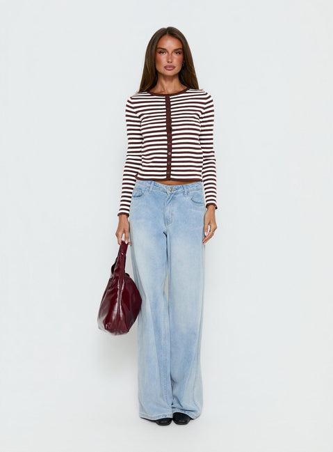 back view of model wearing Princess Polly Elcie Button Up Cardigan Brown Stripe Cropped Jumpers 