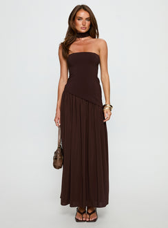 Odela Strapless Drop Waist Maxi Dress Chocolate