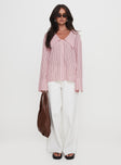 front view of model wearing Princess Polly Calistoga Deep Collar Shirt Pink Stripe Full Sleeves V-Neck 